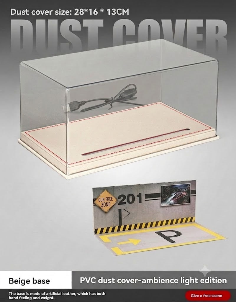 1:24 scale diecast model car acrylic display box with LED light, beige leather base, red stitching, and included parking scene diorama
