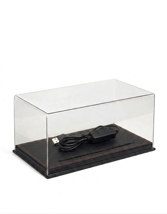 1:24 scale diecast model car clear display case with LED light and black leather base with red stitching