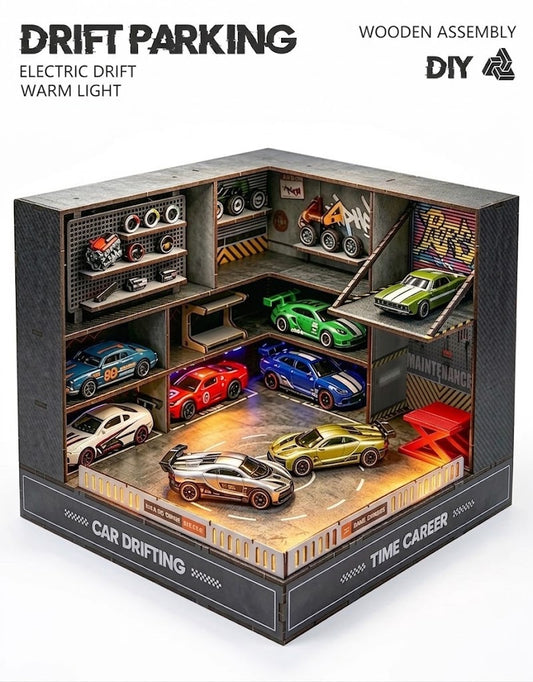 1:64 scale DIY wooden drift garage diorama kit featuring an electric rotating drift pad and warm LED lighting for diecast model cars