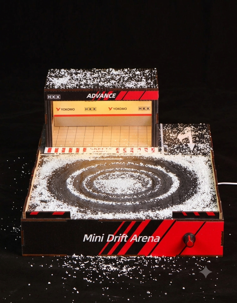 Front angle of the 1:64 electric mini drift arena with rotating drift turntable creating tire track rings in white snow powder.