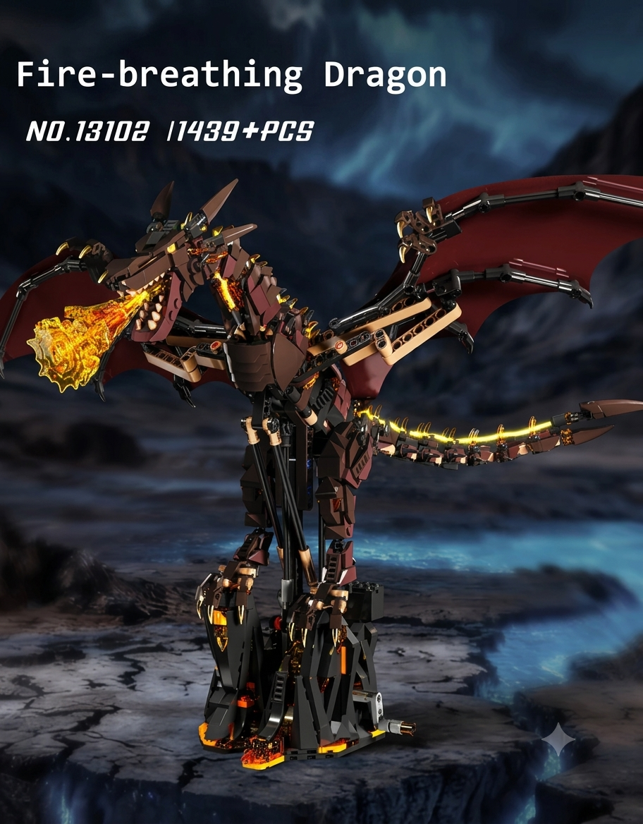 1439-piece mechanical fire dragon construction block set model 13102 on custom volcanic display pedestal.
