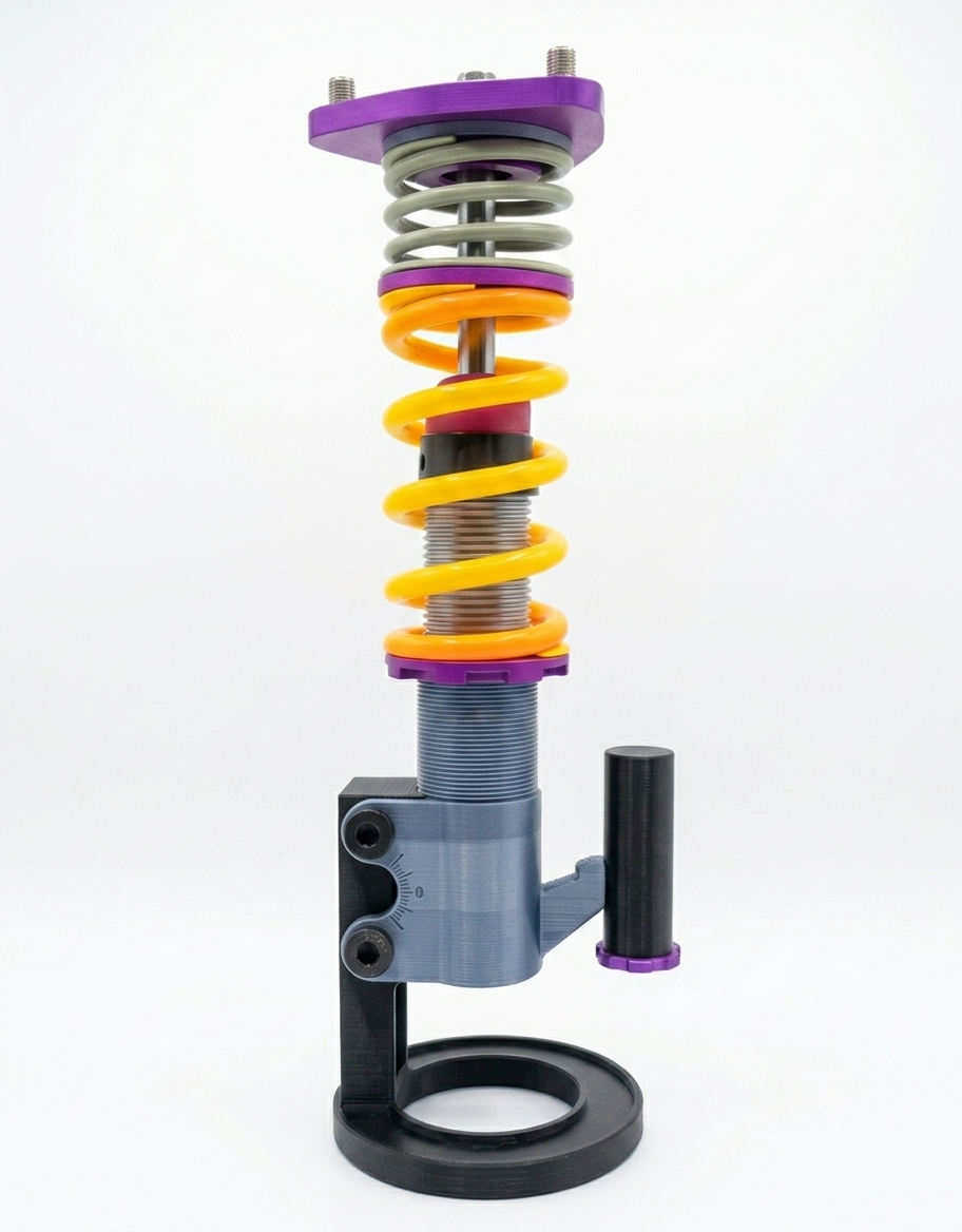 3D printed motorsport coilover desk lamp featuring yellow and grey springs and a purple camber plate on a white background