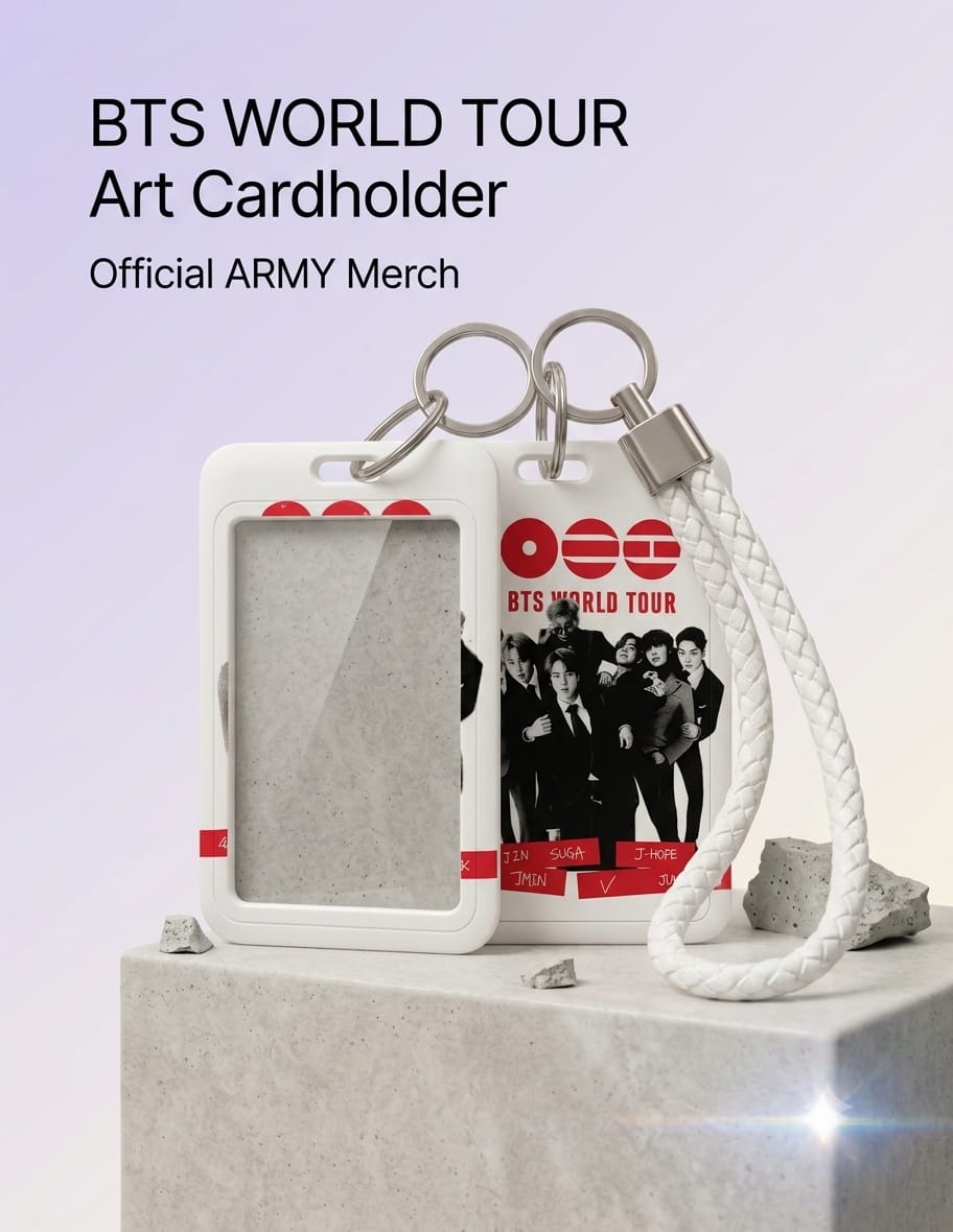 Official BTS World Tour Art Cardholder in white, featuring a braided lanyard, clear ID window, and a black-and-white group photo of BTS members on the back.