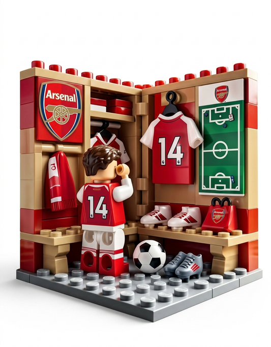Arsenal FC locker room mini building blocks set featuring a player minifigure in the number 14 kit, lockers, tactics board, and football accessories.