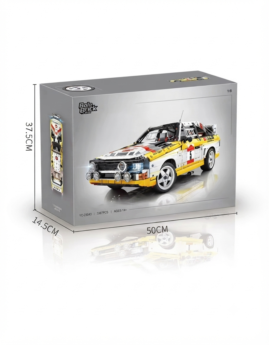 Collector box packaging for 1:8 scale Audi Sport Quattro S1 rally car assembly model displaying 50cm by 37.5cm dimensions.
