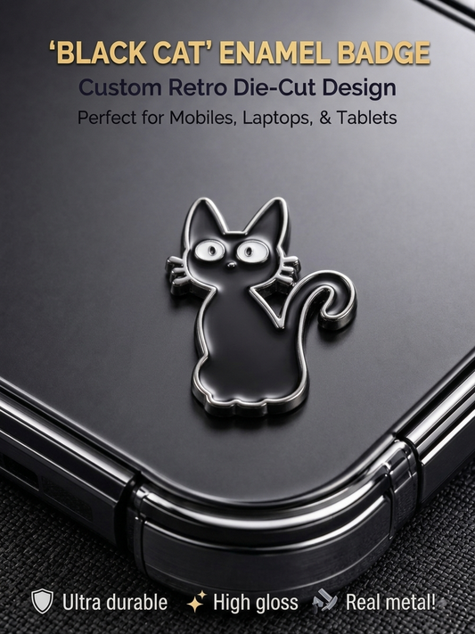 Retro die-cut black cat metal enamel badge sticker with high-gloss finish applied to a black smartphone