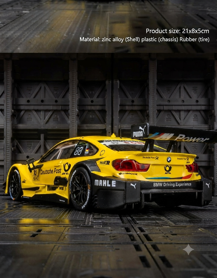 Rear 3/4 view of 1:24 scale yellow BMW M4 DTM diecast model car highlighting rear wing, diffuser, and dimensions