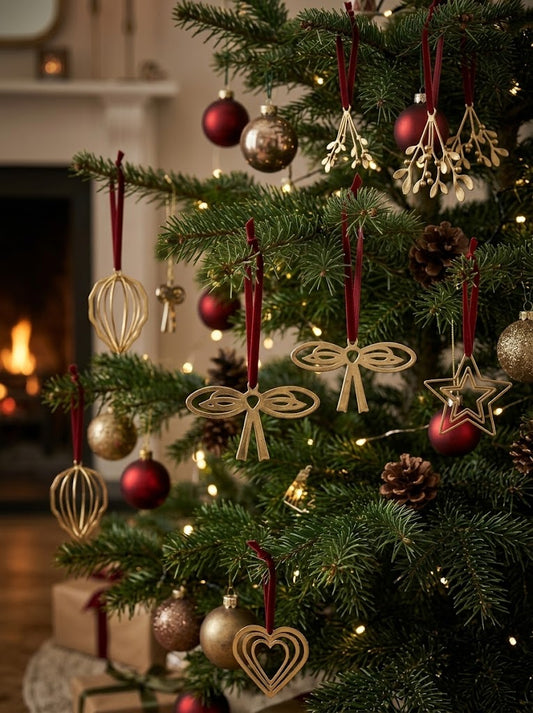 Matte gold metal Christmas tree hanging ornaments with deep red velvet ribbons, featuring cut-out bow, layered star, heart, and mistletoe designs on evergreen pine branches in a warm holiday living room setting.