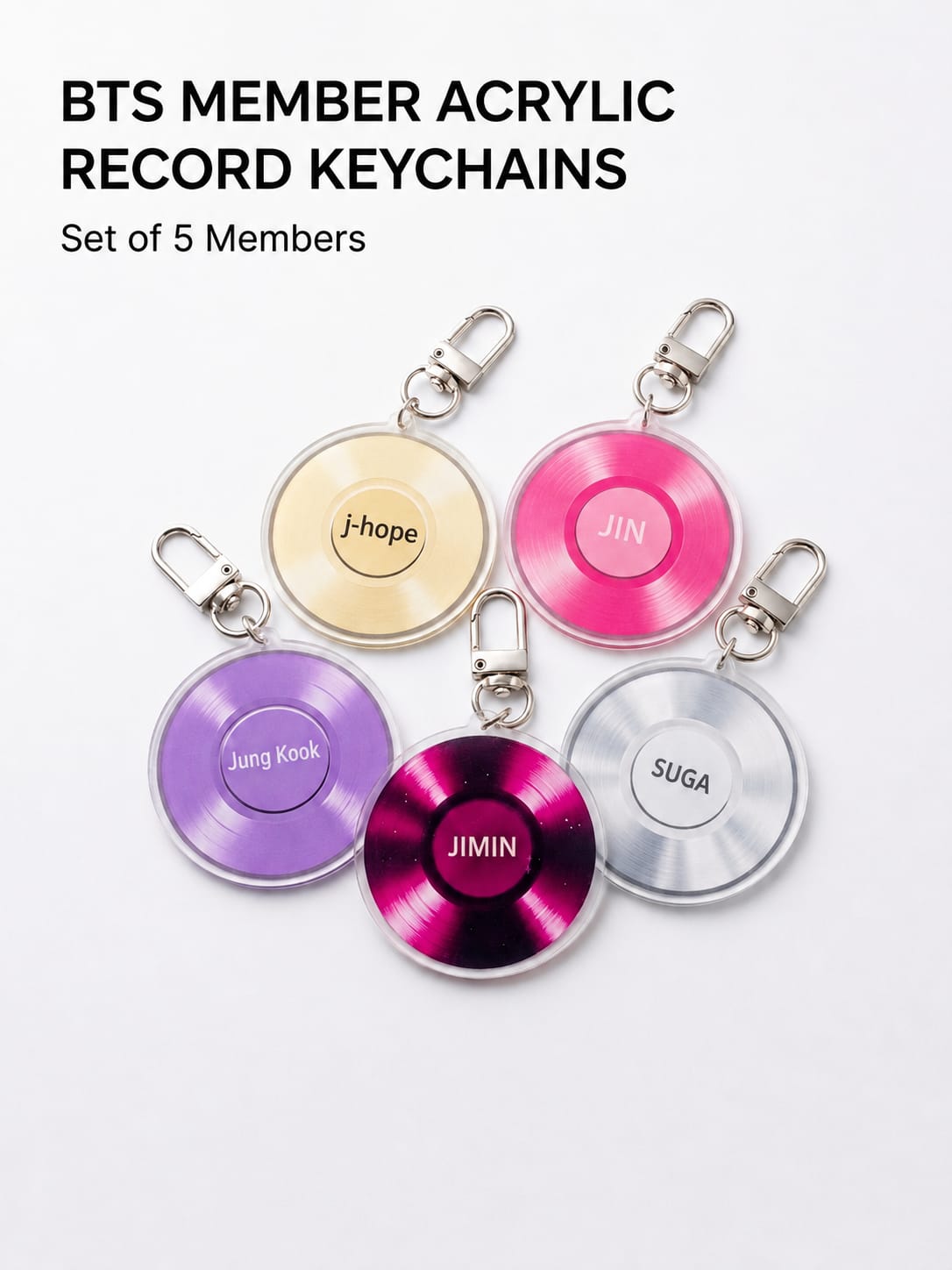 Set of 5 BTS member acrylic record keychains featuring colorful vinyl designs for j-hope, JIN, Jung Kook, JIMIN, and SUGA.
