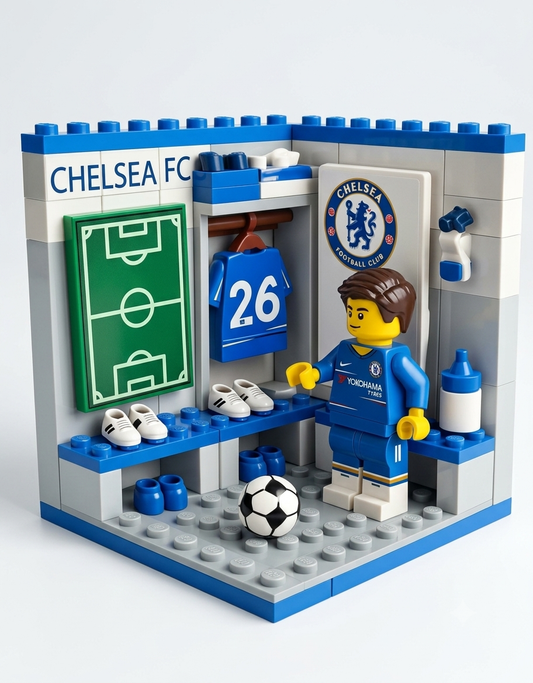 Chelsea FC locker room mini building blocks set featuring a player minifigure in blue kit, number 26 jersey, tactics board, and soccer accessories.