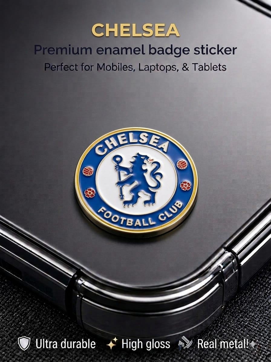Chelsea Football Club premium real metal enamel badge sticker with high gloss finish applied on the back of a mobile phone