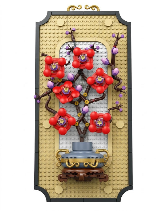 Chinese red plum blossom flower photo frame building block set in a traditional decorative vase against a neutral background.