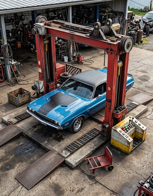 A realistic classic blue Dodge Challenger muscle car sitting on a red heavy-duty hydraulic lift inside a mechanic garage, serving as the real-life inspiration for the DIY building block kit available at Diylebanon.