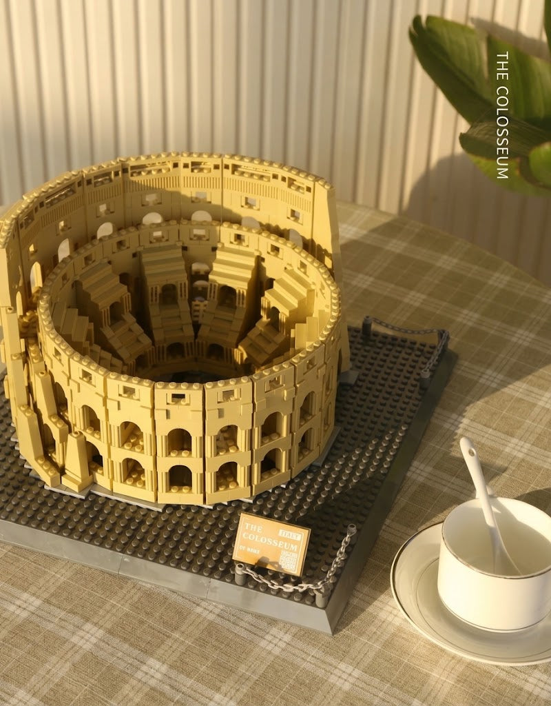 Roman Colosseum architecture brick display model styled on a tabletop as home and office desk decor.
