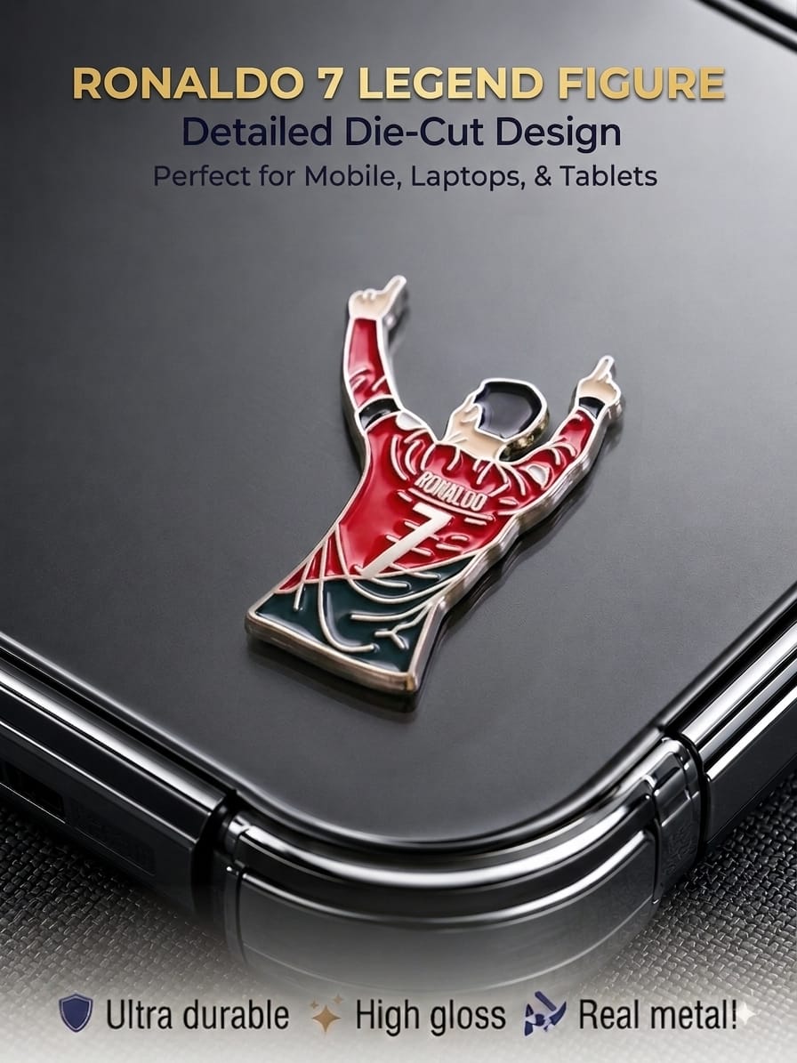 Cristiano Ronaldo 7 metal enamel sticker with high-gloss die-cut celebration design on a mobile phone