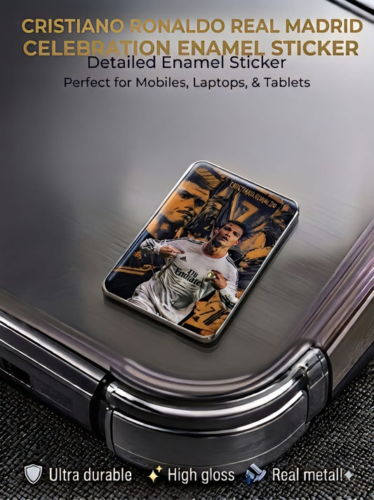 Cristiano Ronaldo Real Madrid celebration high-gloss metal enamel sticker on the back of a mobile phone case.