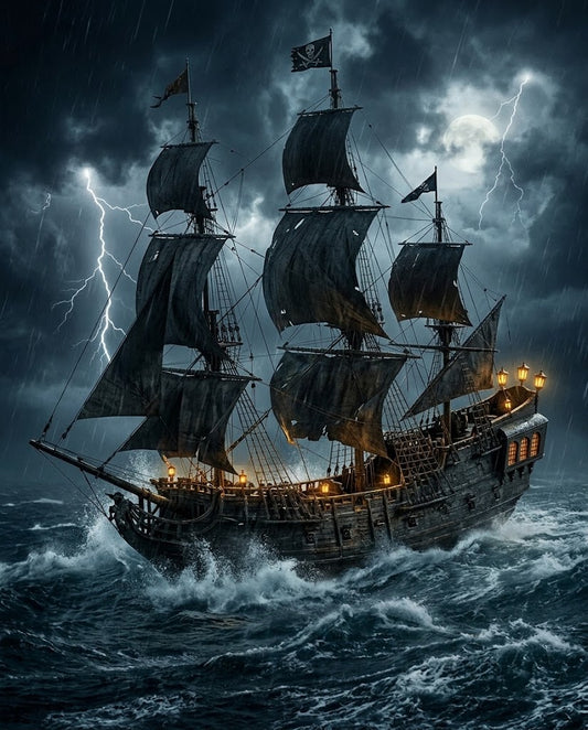 Dramatic artwork of Queen Anne's Revenge pirate ship sailing in stormy seas, featured on the CubicFun 3D puzzle at Gadgets Lebanon.
