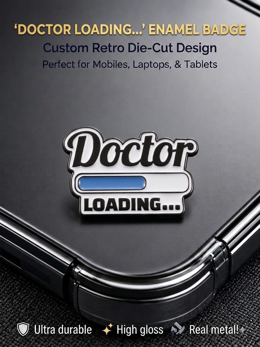 Doctor Loading retro die-cut metal enamel sticker badge attached to a dark smartphone case