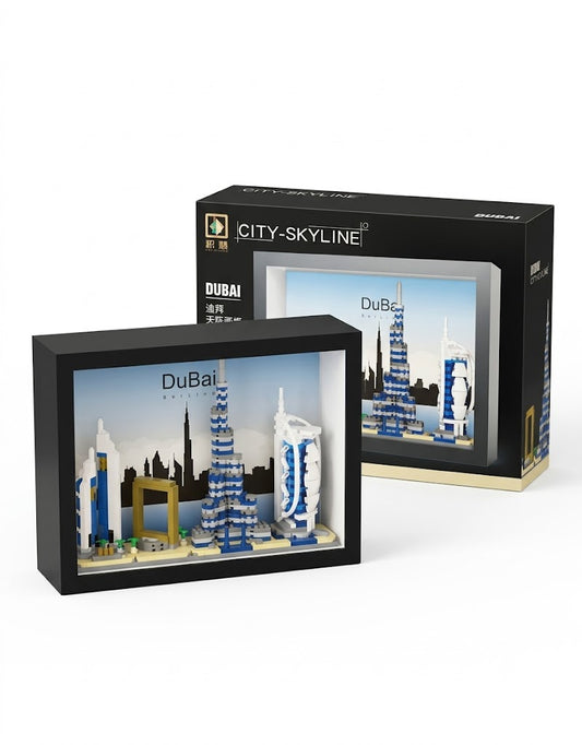 Dubai city skyline 3D micro building block model in a black shadow box frame featuring Burj Khalifa and retail gift box packaging.