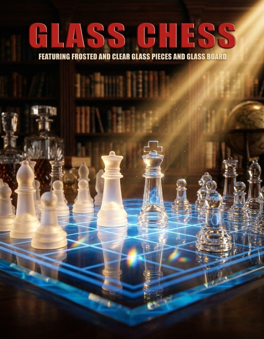 Elegant transparent glass chess set featuring frosted and clear pieces arranged on a glass board