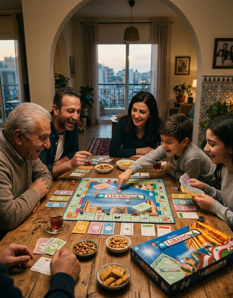 Lebanese family playing the Libanopoly board game together around a dining table at home in Beirut, Lebanon.