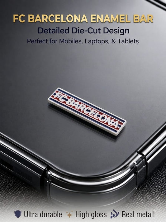 FC Barcelona premium metal enamel bar sticker with glossy finish applied to the back of a mobile phone