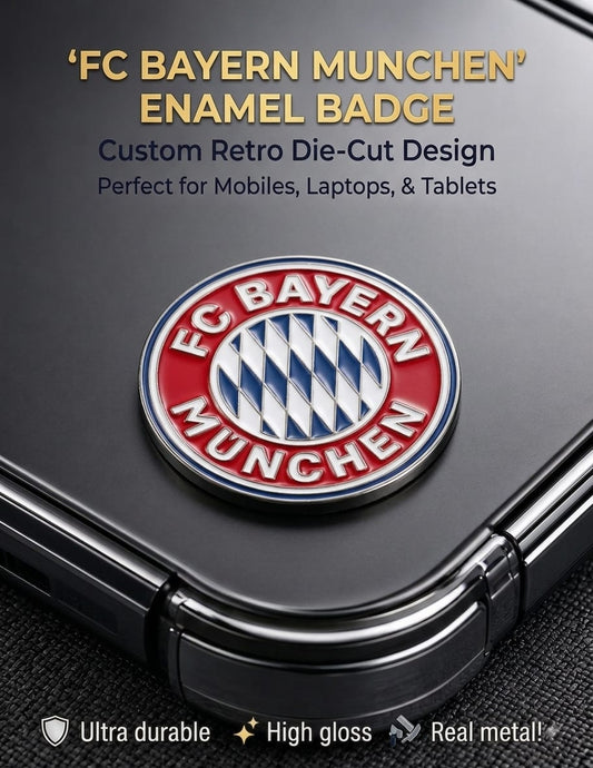 FC Bayern München custom retro metal enamel crest badge sticker applied to the back of a smartphone