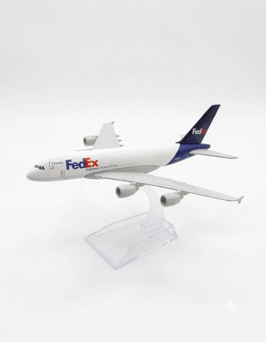 FedEx Express Airbus A380 diecast metal aircraft model mounted on a clear acrylic display stand, available in Lebanon.