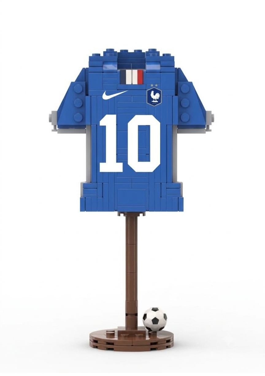 France blue number 10 football jersey building block model kit mounted on a brown display stand.