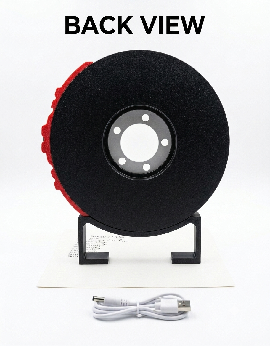 Back view of the automotive brake disc rotor LED desk lamp showing the housing and included USB charging cable.