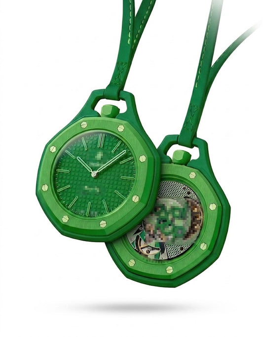 Grass green bioceramic octagonal pendant pocket watch with neck cord and open exhibition caseback