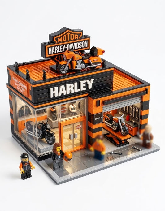 Harley-Davidson motorcycle dealership and service garage modular building block set with showroom, workshop, and minifigures.