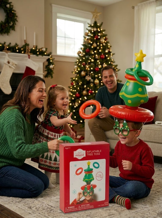 Family playing inflatable Christmas tree ring toss holiday party game indoors, available for local delivery across Lebanon.