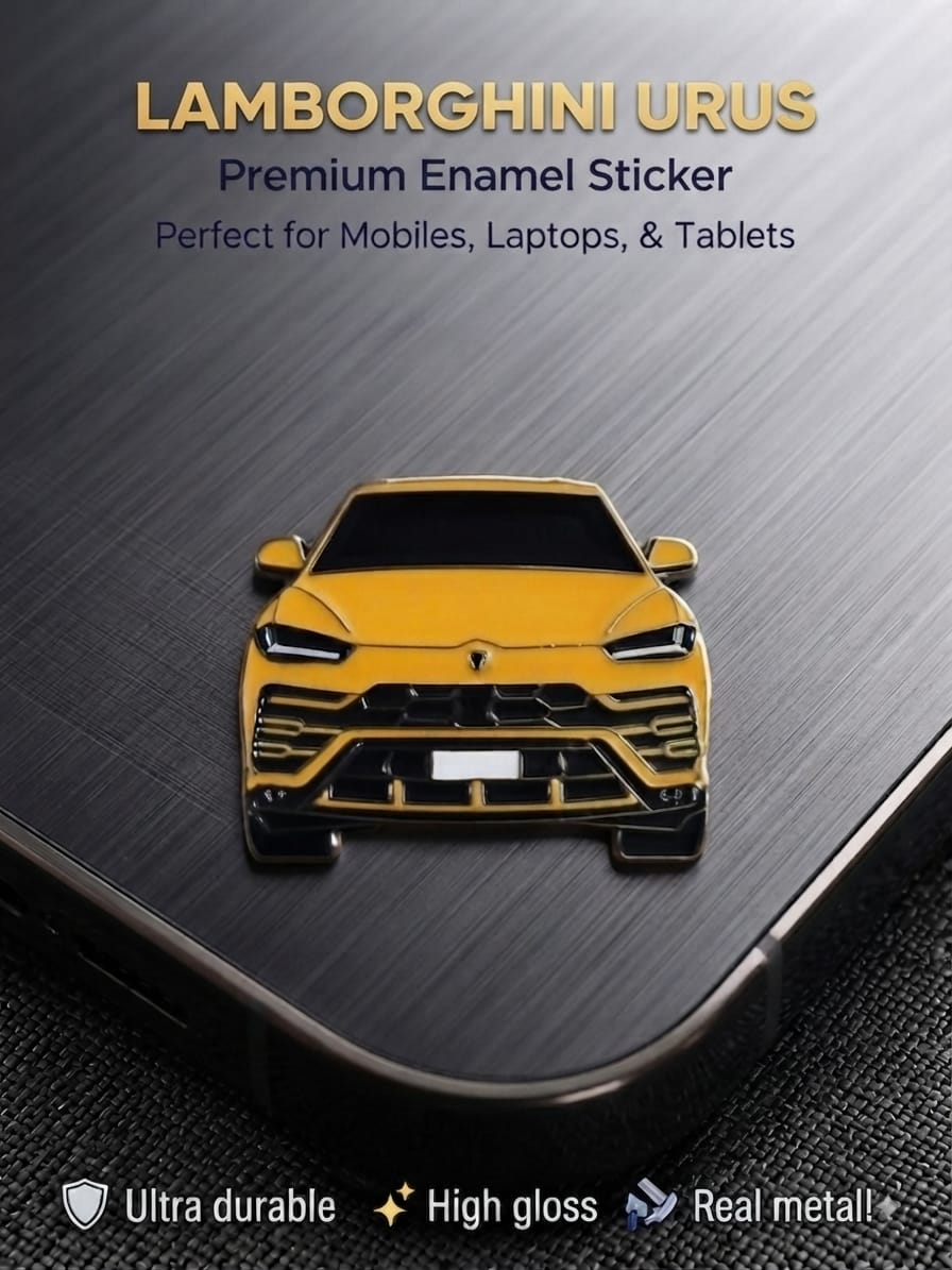 Yellow Lamborghini Urus luxury car real metal enamel sticker badge adhered to a smartphone case.