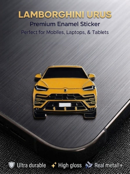 Yellow Lamborghini Urus luxury car real metal enamel sticker badge adhered to a smartphone case.
