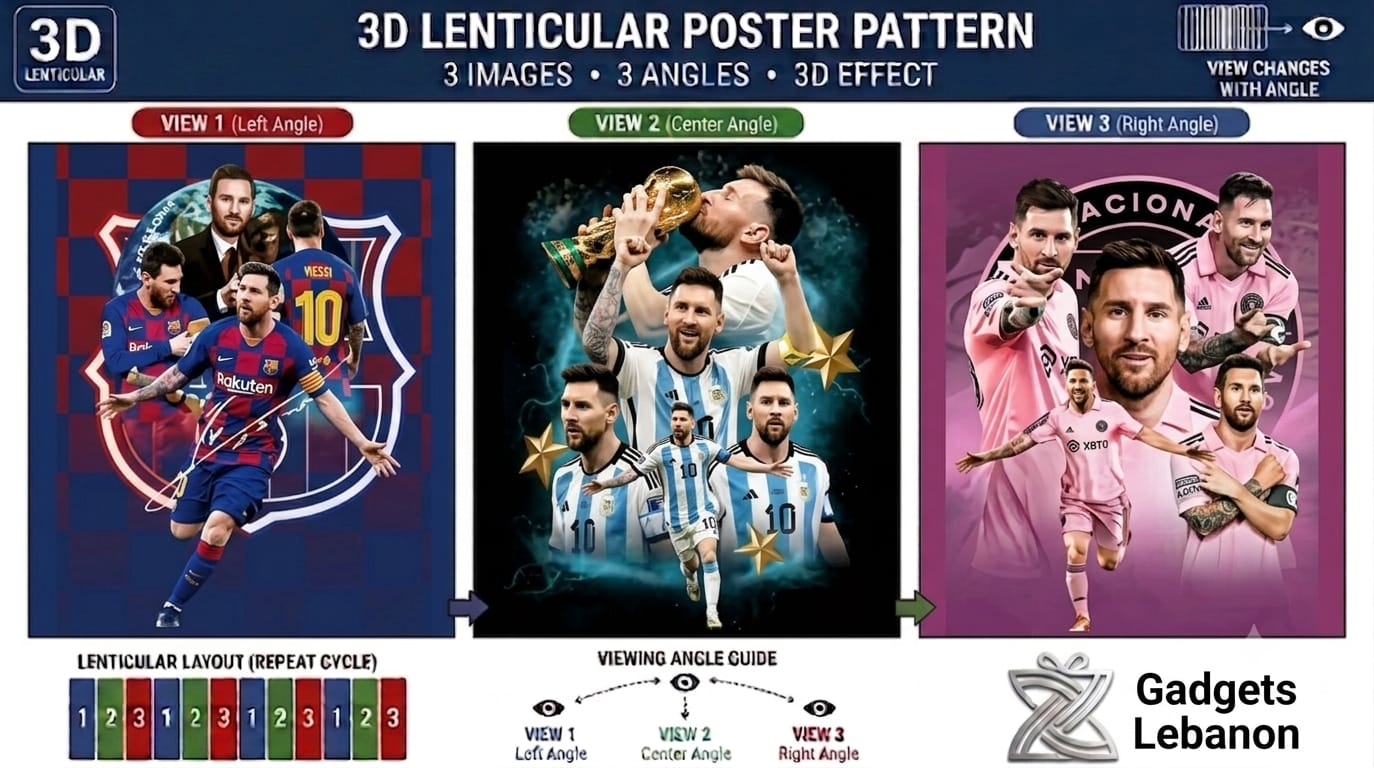 Lionel Messi 3D lenticular poster showing 3 different angles featuring Barcelona, Argentina World Cup, and Inter Miami jerseys.