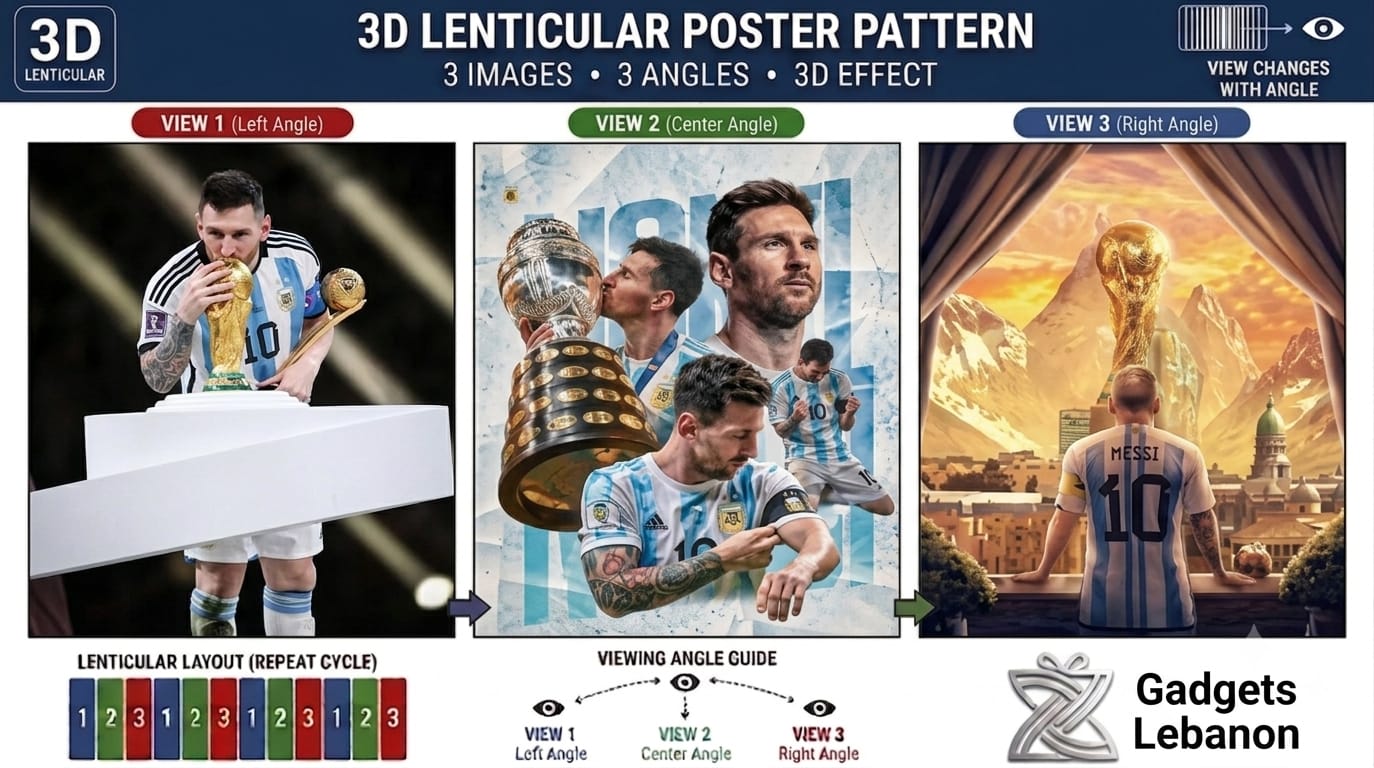 Lionel Messi 3D lenticular poster featuring three changing angles of him kissing and holding the World Cup and Copa America trophies.