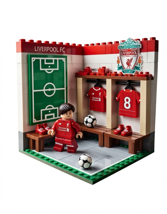 Liverpool FC locker room mini building blocks set featuring a player minifigure in red kit, number 8 jersey, tactics board, and soccer accessories.