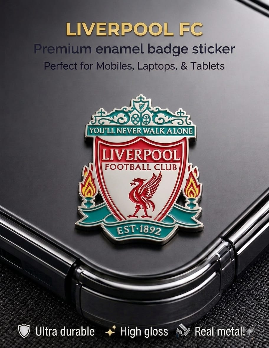 Liverpool FC high-gloss metal enamel crest badge sticker attached to a sleek black mobile phone