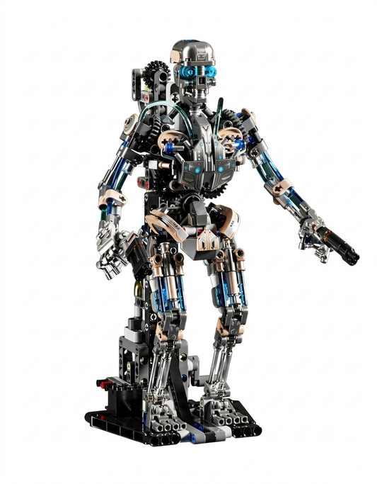 Fully assembled 692-piece mechanical cyborg robot building block model standing on a black display base.