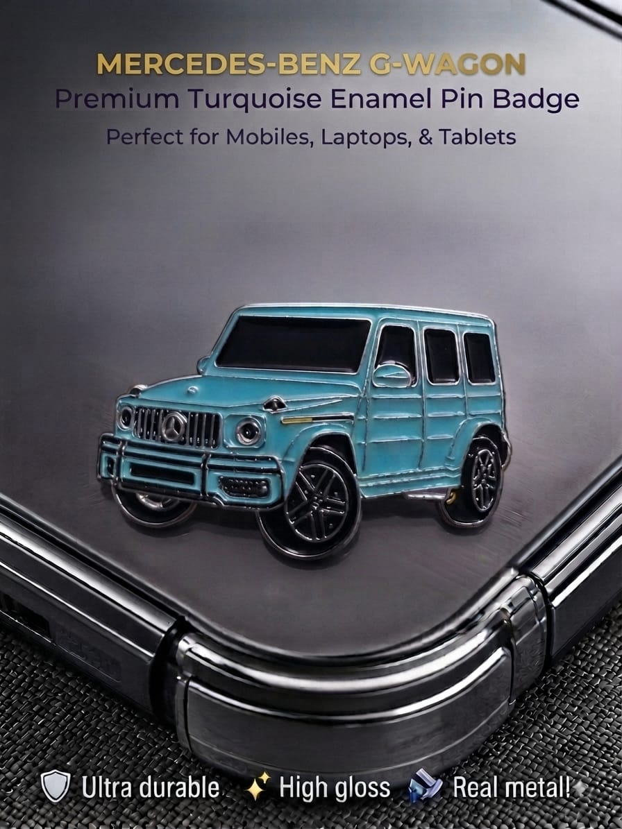 Turquoise Mercedes-Benz G-Wagon high-gloss enamel metal badge sticker attached to a black phone case
