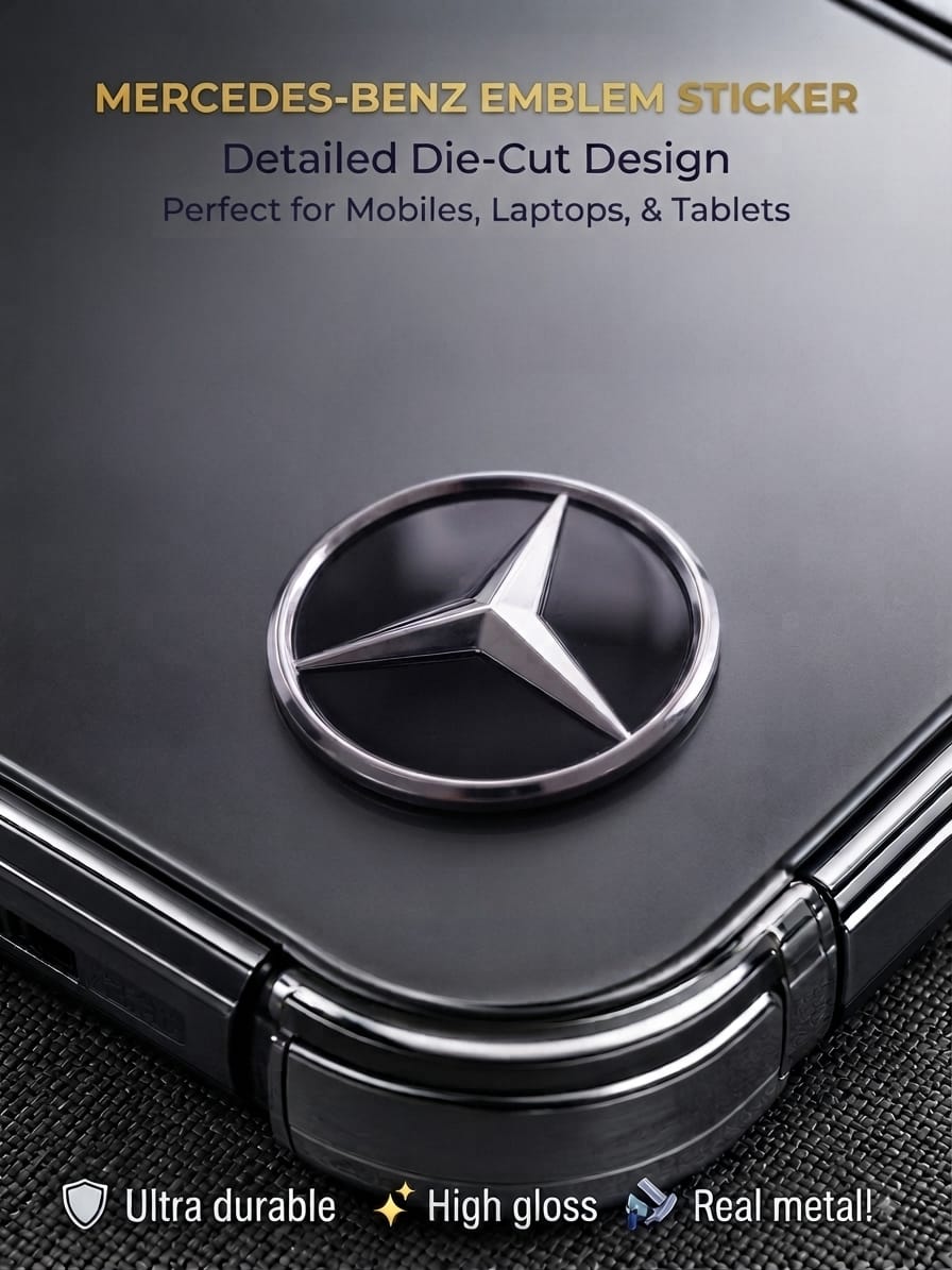 3D chrome and black Mercedes-Benz metal emblem sticker decal applied to a sleek mobile phone case.