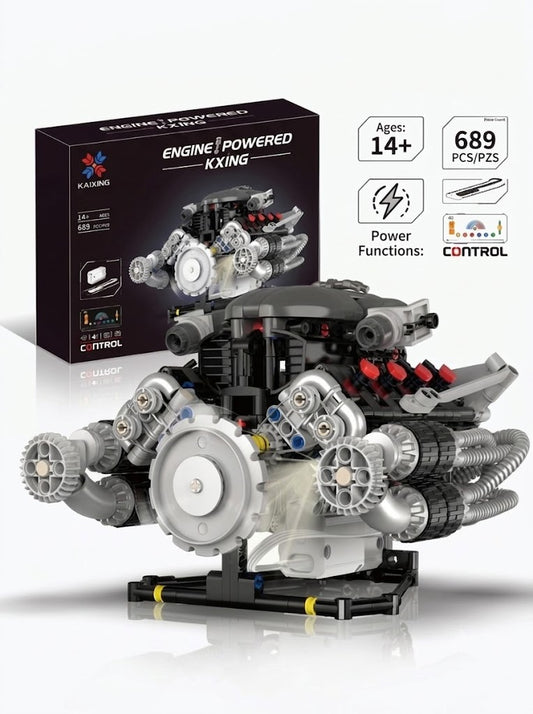 Motorized V8 supercar engine model building block kit with electric motor, moving gears, and display stand