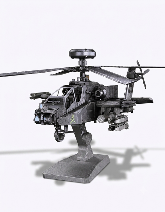 Fully assembled Piececool AH-64 Apache gunship helicopter 3D metal puzzle mounted on black display stand.