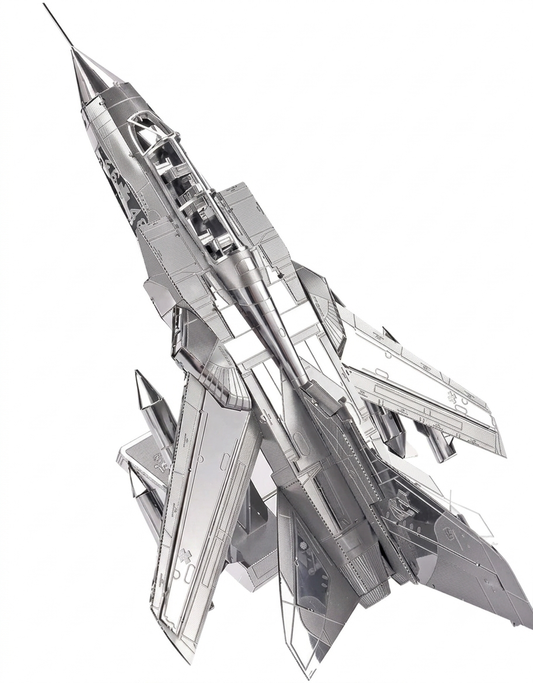 Fully assembled silver stainless steel Piececool Tornado fighter jet 3D metal puzzle model on display stand.