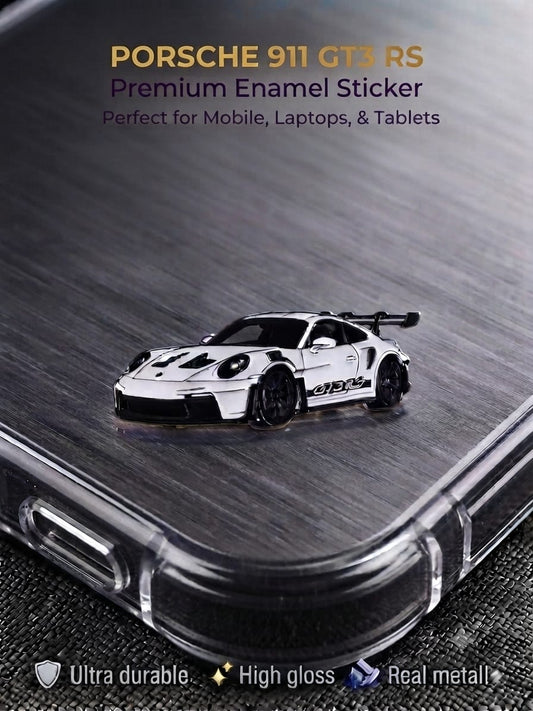 White Porsche 911 GT3 RS high-gloss metal enamel sticker applied to a clear phone case