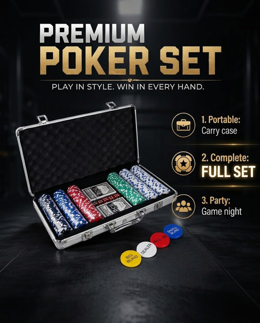 Premium Texas Hold'em poker set in portable aluminum carry case with chips, cards, and dealer buttons for game night, available across Lebanon.