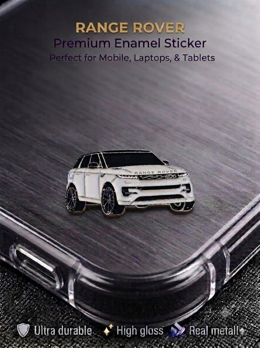White Range Rover SUV premium high-gloss metal enamel sticker applied to a clear smartphone case.