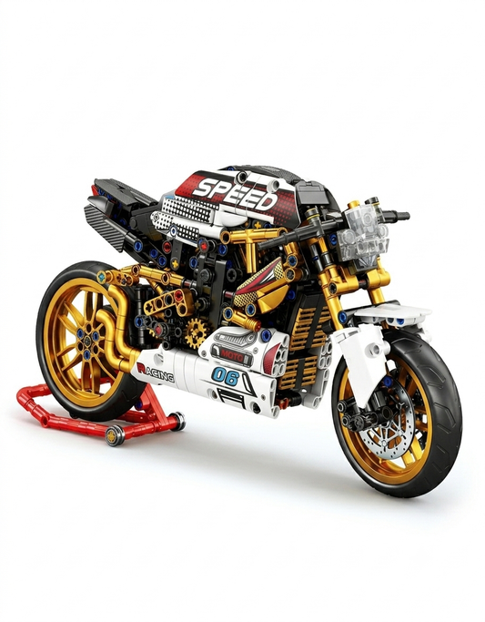 Retro speed racing motorcycle building block model featuring gold wheels, exposed mechanical gears, and a red display paddock stand