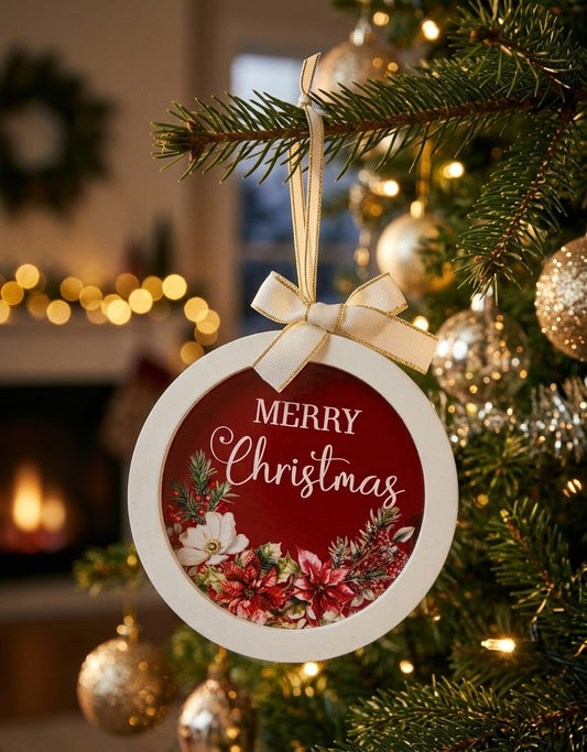 Circular Merry Christmas ornament with white ribbon bow hanging on an evergreen Christmas tree branch surrounded by warm festive bokeh lights.